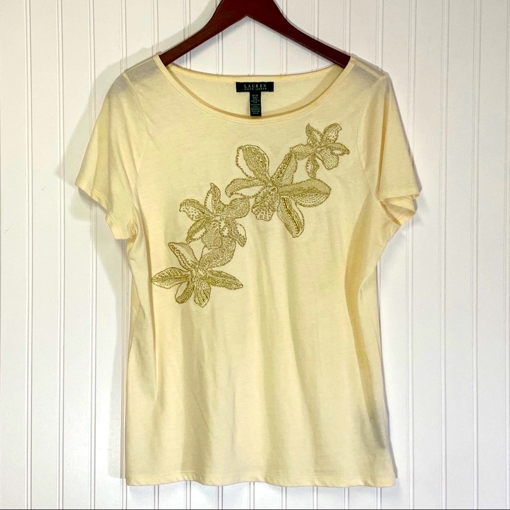 Lauren Ralph Lauren| cream tee w sequin flowers FREE WITH $25 or more purchase
